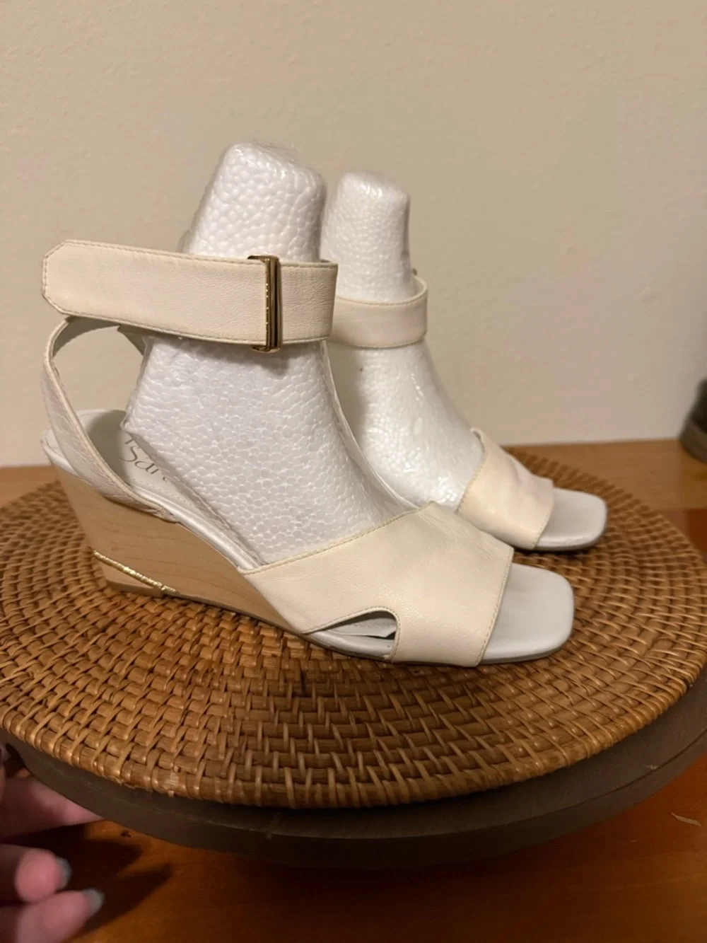 Franco Sarto Cream Wedge Sandals with Ankle Strap
